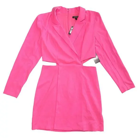 Express Blazer Mini Dress Women Size M Hot Pink Gum Pop Cut Out Glam Stretch NEW - Picture 1 of 12